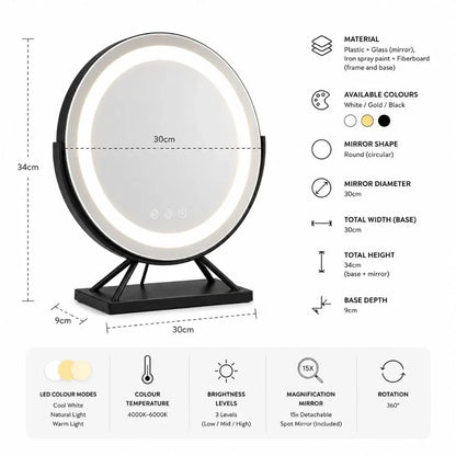 Tabletop Makeup Mirror with LED Light and 15x Magnifying Spot | 360° Rotating Vanity Mirror with 3 Color Temperatures