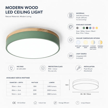 Plafonnier LED encastrable avec cadre en bois, rond, acrylique, 12-20 pouces, filaire, pour chambre, salon, bureau, cuisine, couloir, style moderne et minimaliste