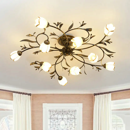 Cream Glass Floral Vine Chandelier with Antique Brass Finish for Bedroom, Dining Room & Living Room