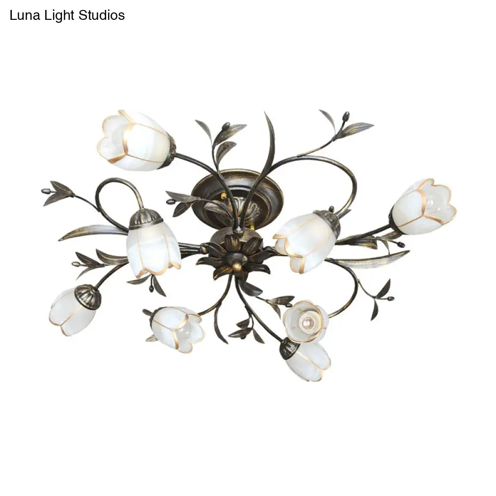 Cream Glass Floral Vine Chandelier with Antique Brass Finish for Bedroom, Dining Room & Living Room