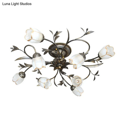 Cream Glass Floral Vine Chandelier with Antique Brass Finish for Bedroom, Dining Room & Living Room
