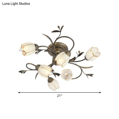 Cream Glass Floral Vine Chandelier with Antique Brass Finish for Bedroom, Dining Room & Living Room