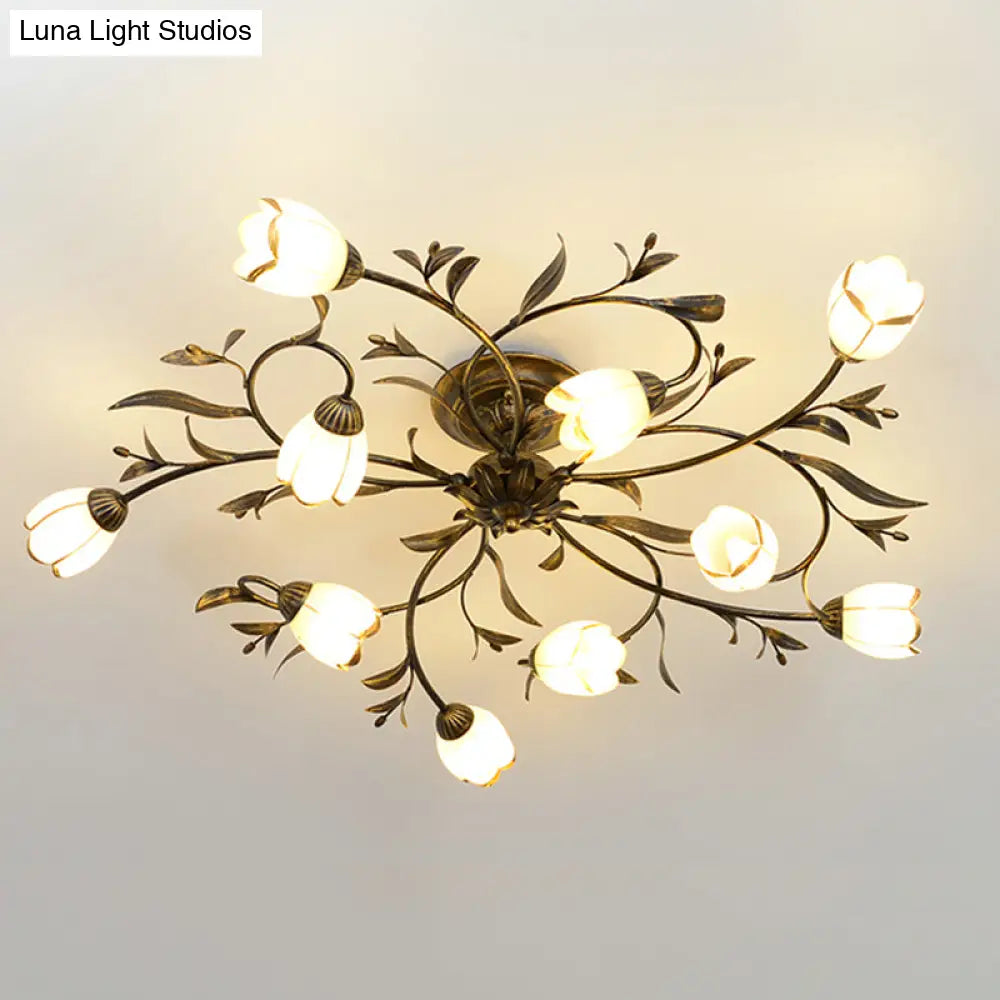 Cream Glass Floral Vine Chandelier with Antique Brass Finish for Bedroom, Dining Room & Living Room