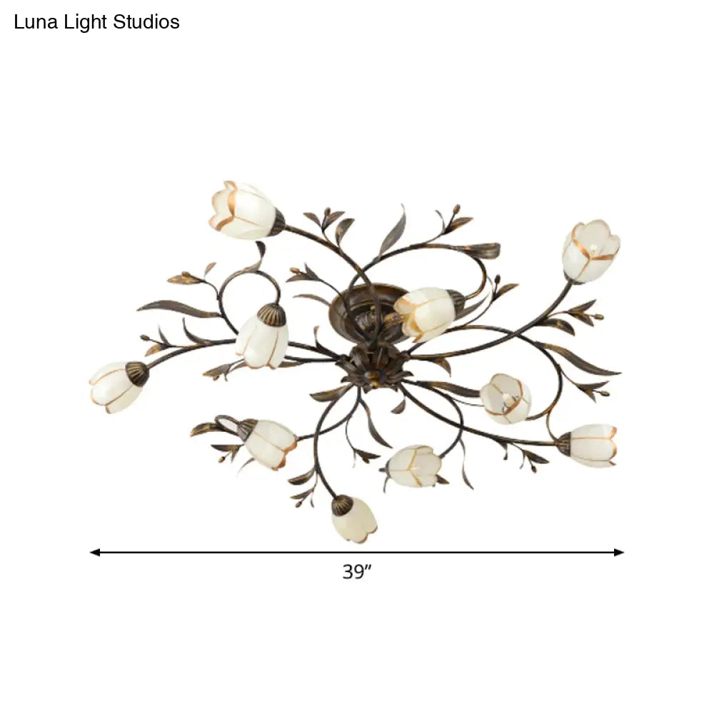 Cream Glass Floral Vine Chandelier with Antique Brass Finish for Bedroom, Dining Room & Living Room