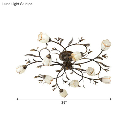 Cream Glass Floral Vine Chandelier with Antique Brass Finish for Bedroom, Dining Room & Living Room