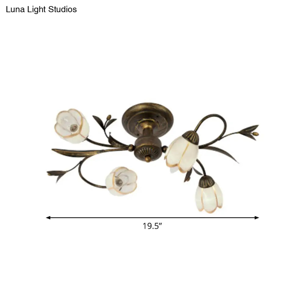 Cream Glass Floral Vine Chandelier with Antique Brass Finish for Bedroom, Dining Room & Living Room