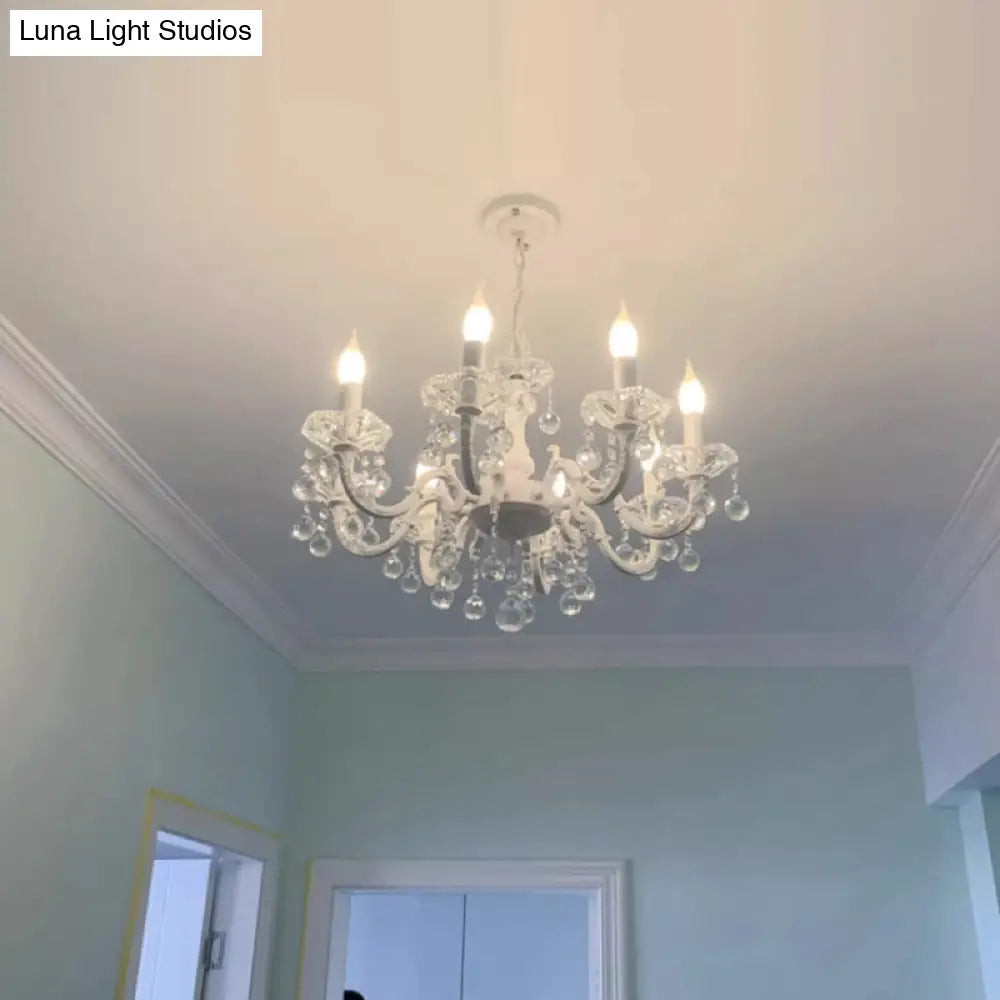 White Metal Chandelier 3/6 Candelabra Lights Crystal Accents Entryway Hallway Traditional Farmhouse Fixture 18 Inch Ceiling Lighting