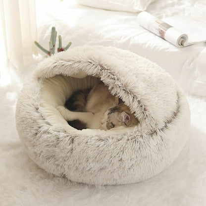 Hooded Cat Bed with Raised Rim – Plush Donut Nest for Anxious Cats, Semi-Enclosed Design for Security