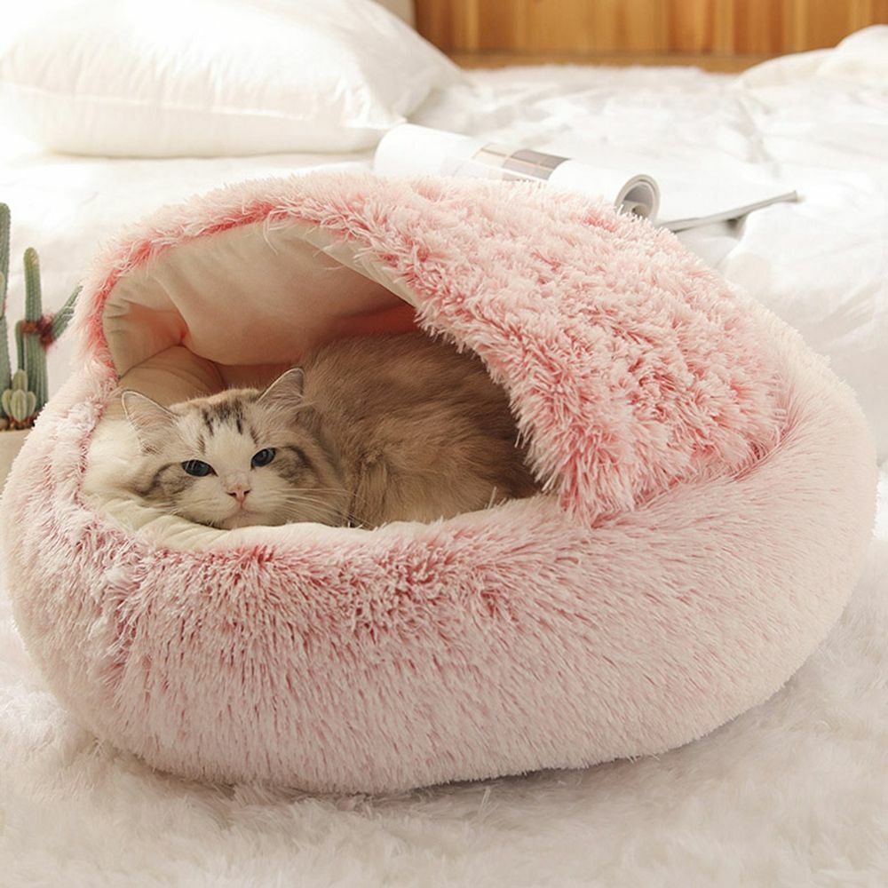Hooded Cat Bed with Raised Rim – Plush Donut Nest for Anxious Cats, Semi-Enclosed Design for Security