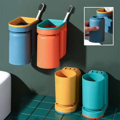 Wall-Mount Toothbrush Caddy Adhesive Bathroom Organizer 4.9 in Drill-Free Toothpaste Cup Holder for Sink Counter Space Saving