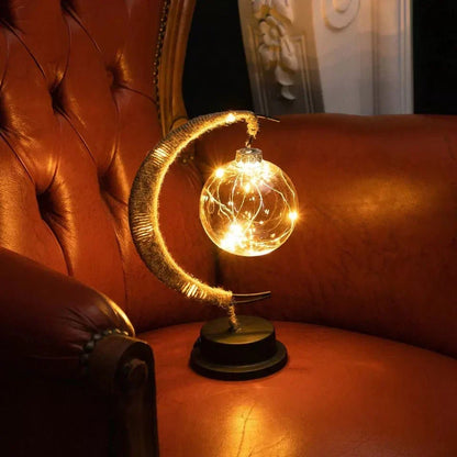 Lampe de table lune en verre avec lueur LED chaleureuse – Lampe d'appoint croissant à piles pour chambre, salon et table de chevet