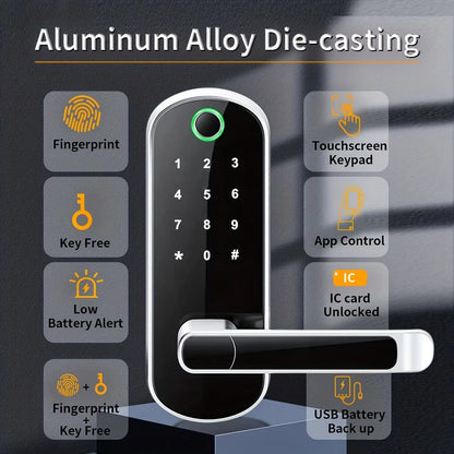 Biometric Door Lock with Fingerprint Scanner & App Control – 5 Entry Methods, 200 User Capacity