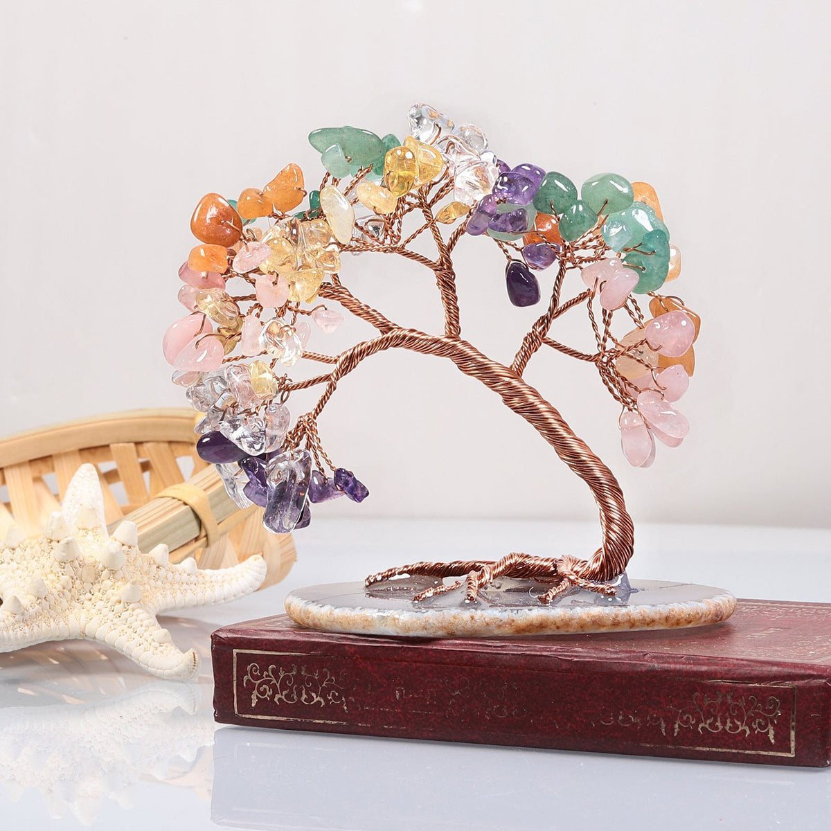 Natural Stone Tree of Life Figurine with Chakra, Amethyst, Rose Quartz, Fluorite & Aquamarine – Crystal Wire Art Home Décor Spiritual Gift