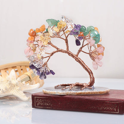 Natural Stone Tree of Life Figurine with Chakra, Amethyst, Rose Quartz, Fluorite & Aquamarine – Crystal Wire Art Home Décor Spiritual Gift