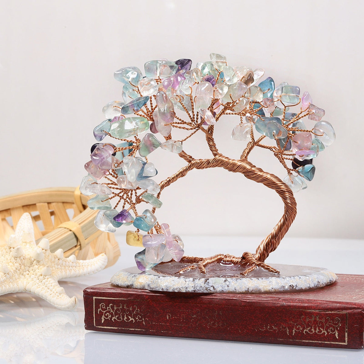 Natural Stone Tree of Life Figurine with Chakra, Amethyst, Rose Quartz, Fluorite & Aquamarine – Crystal Wire Art Home Décor Spiritual Gift