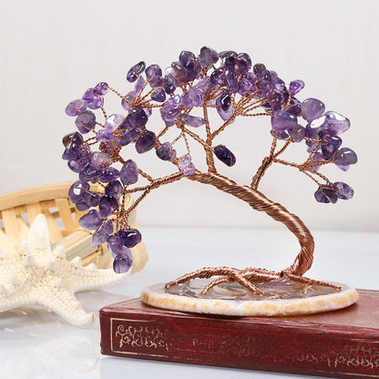 Natural Stone Tree of Life Figurine with Chakra, Amethyst, Rose Quartz, Fluorite & Aquamarine – Crystal Wire Art Home Décor Spiritual Gift