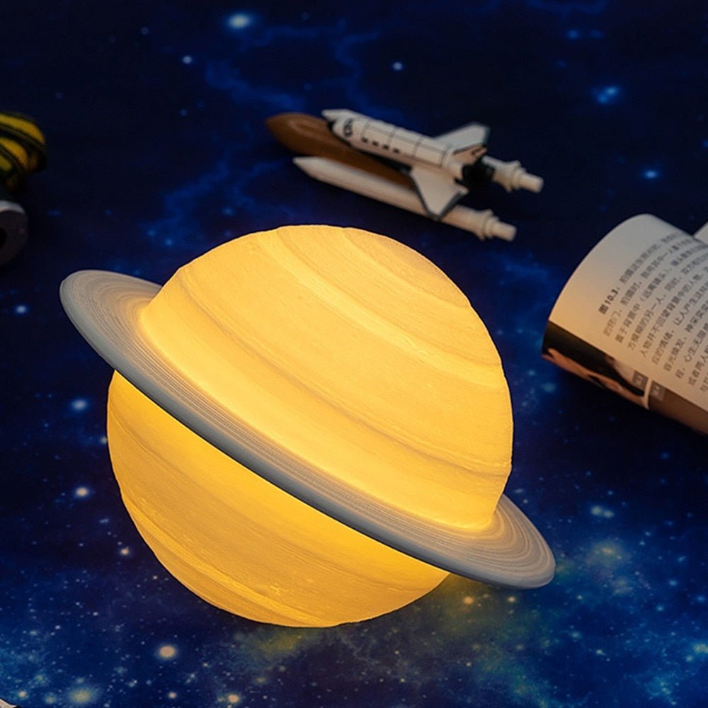 Rechargeable Planet Night Light with Remote Control, Dual Color LED, 3D Printed Ringed Globe Decorative Accent Lamp for Bedroom, Living Room
