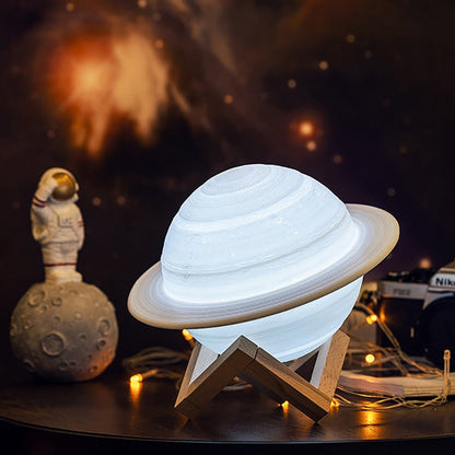 Rechargeable Planet Night Light with Remote Control, Dual Color LED, 3D Printed Ringed Globe Decorative Accent Lamp for Bedroom, Living Room