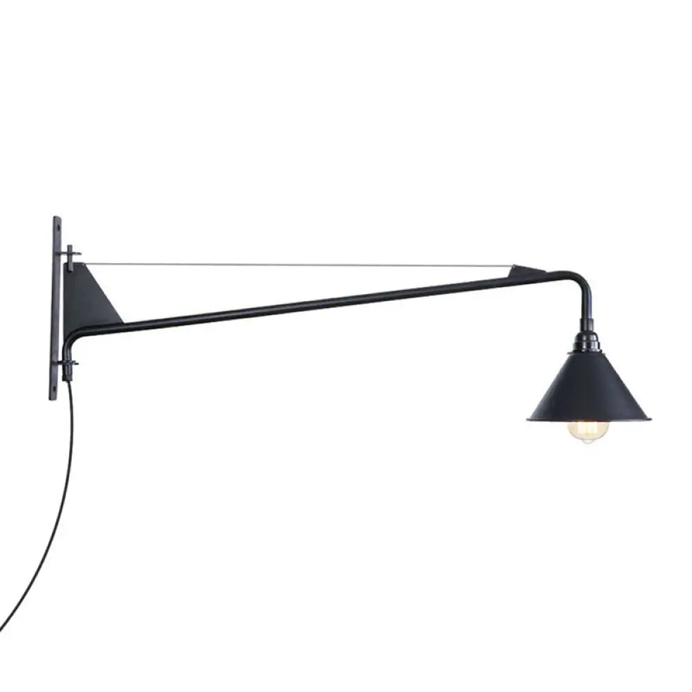Industrial Swing Arm Wall Sconce Black Metal Shade Adjustable Long Reach Plug-In Hardwired Edison Vintage Loft Farmhouse