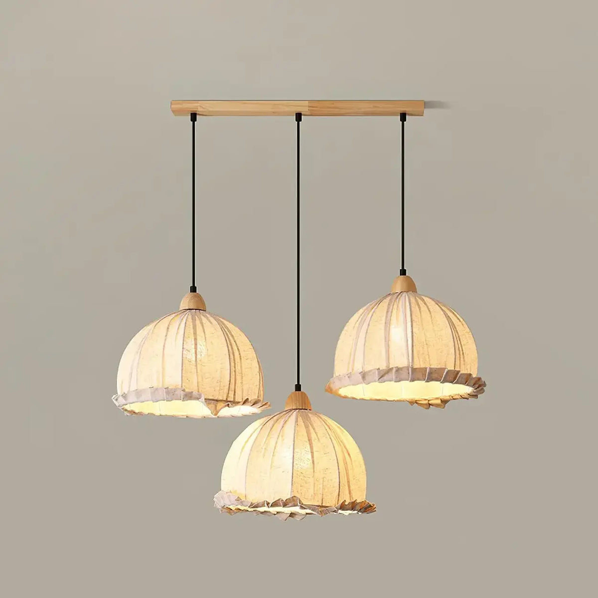 Wood & Linen Drum Ceiling Light 59 in Drop for Dining Tables Kitchen Islands E27 Socket Adjustable Hanging Fixture Natural Minimalist
