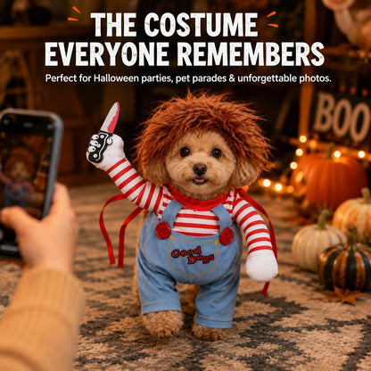 Ortekor Scary Doll Dog Halloween Costume with Wig & Toy Knife – 3-Piece Walking Illusion Set for Trick-or-Treating & Parties
