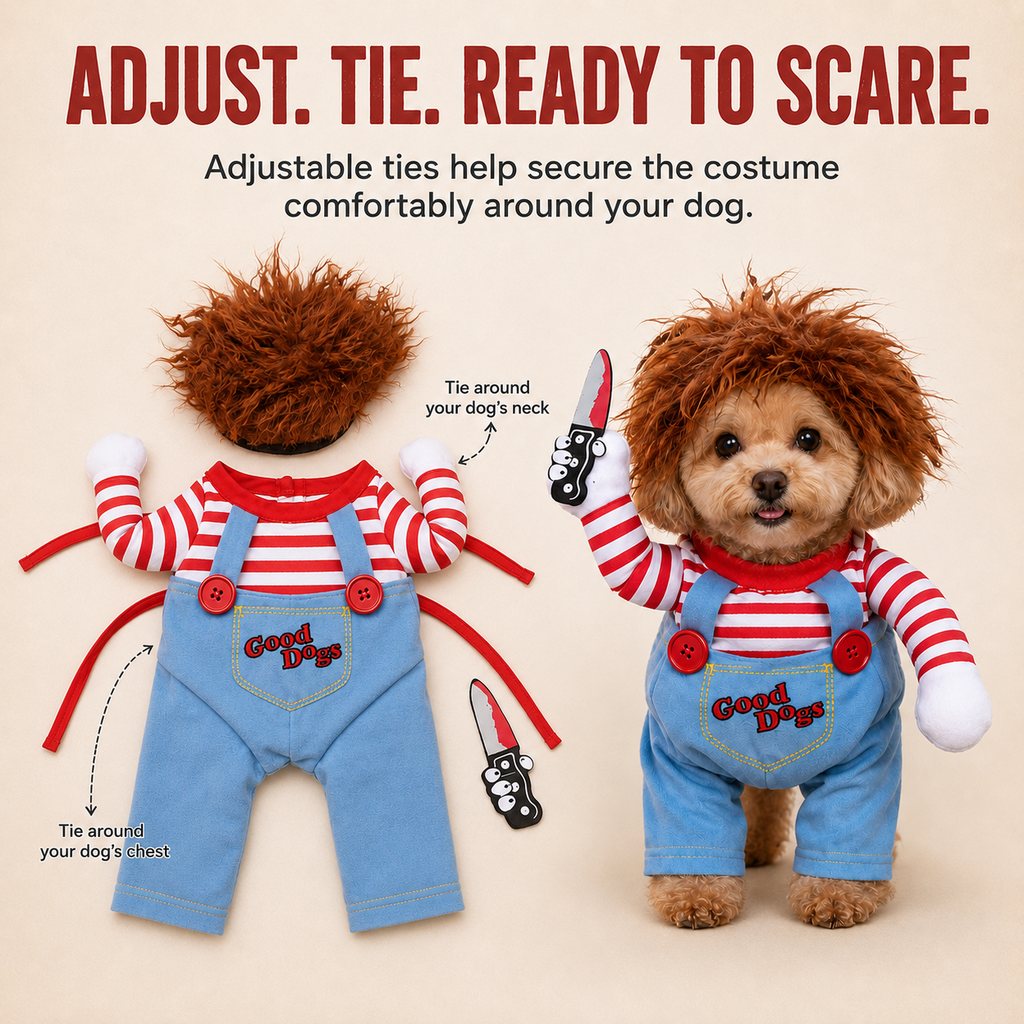 Ortekor Scary Doll Dog Halloween Costume with Wig & Toy Knife – 3-Piece Walking Illusion Set for Trick-or-Treating & Parties