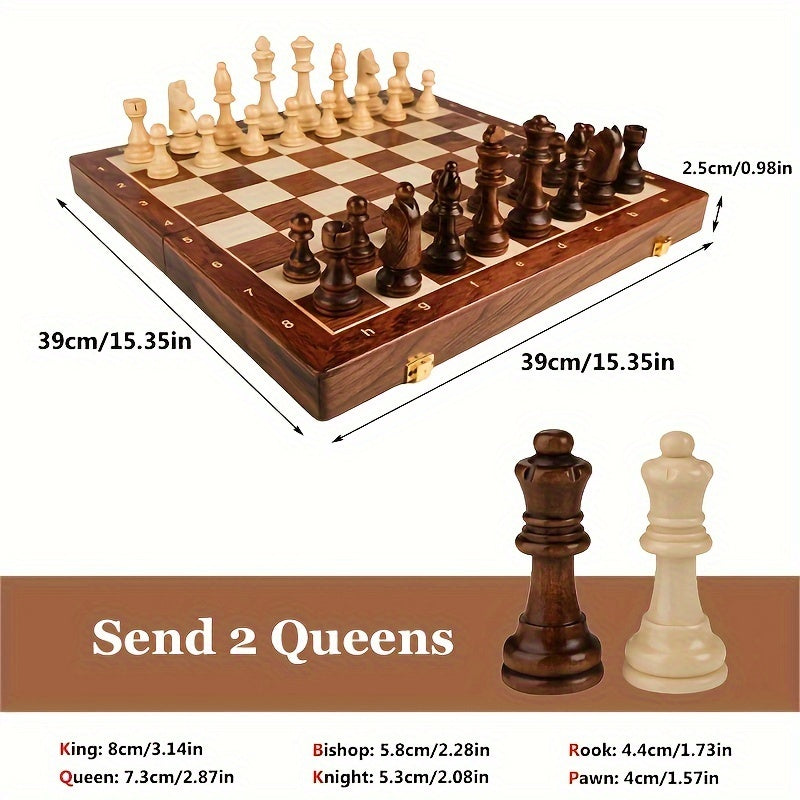 Folding Wooden Chess Set with Carved Pieces & Storage | Portable Travel Board for Home & Trips | Classic Game