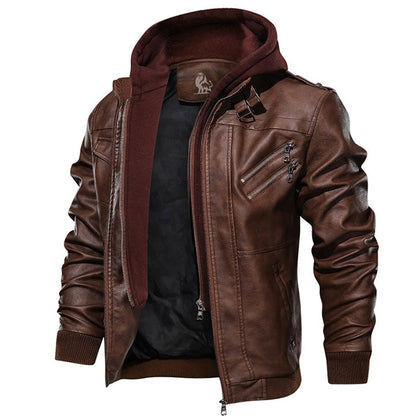 Men's Hooded Faux Leather Jacket with Removable Hood – Waterproof Scratch-Resistant Moto Biker Coat for Fall Winter