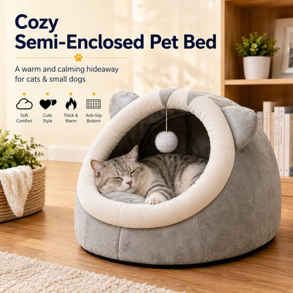 Ortekor Semi-Enclosed Plush Pet Bed for Cats & Small Dogs - Cozy Indoor Hideaway for Rest