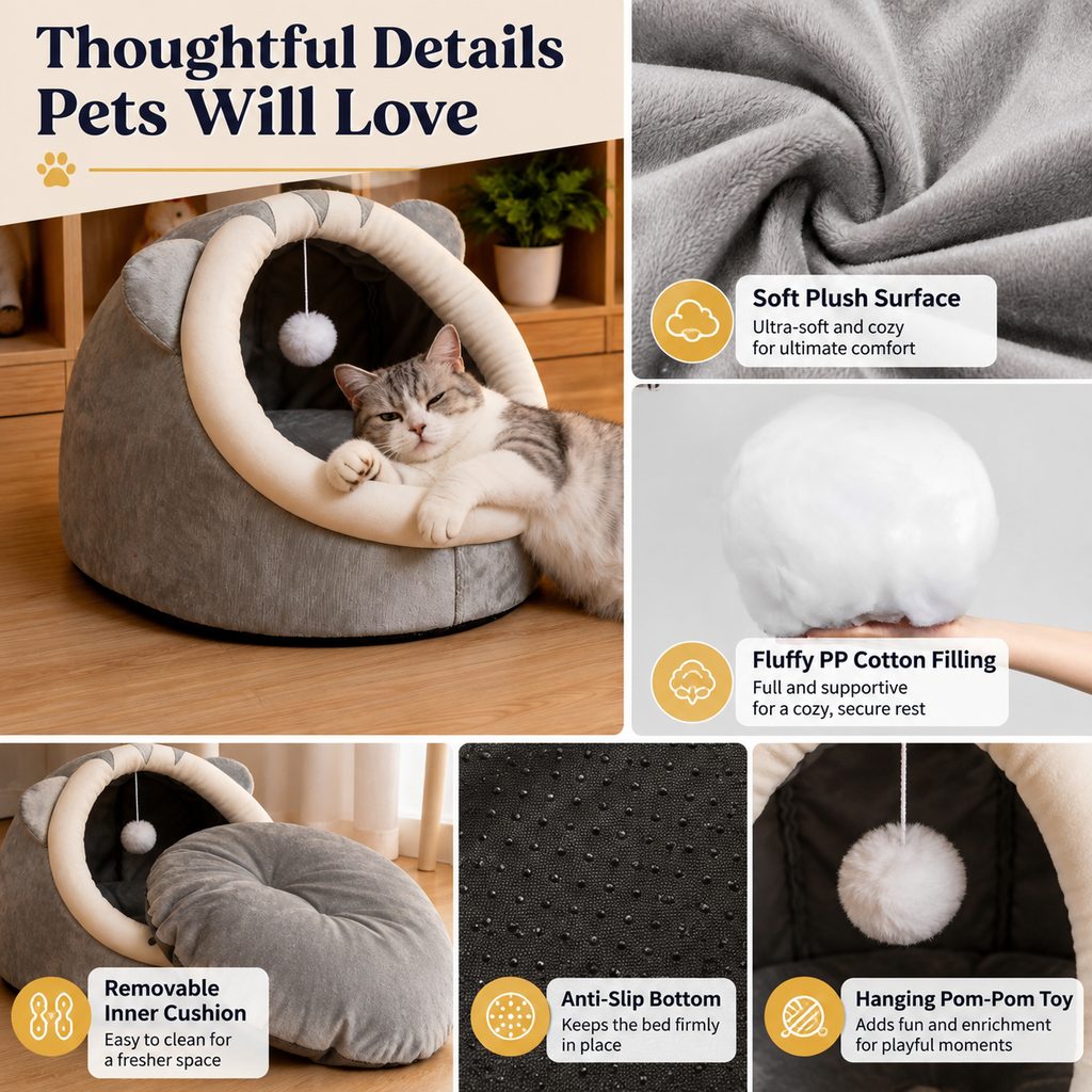 Ortekor Semi-Enclosed Plush Pet Bed for Cats & Small Dogs - Cozy Indoor Hideaway for Rest