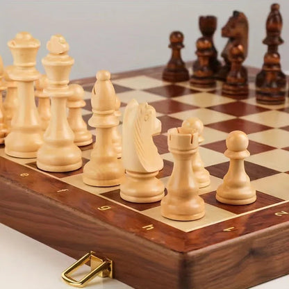 Folding Solid Wood Chess Set with Handcrafted Pieces for Classic Board Game Strategy