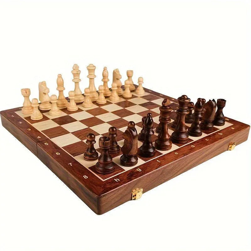 Folding Solid Wood Chess Set with Handcrafted Pieces for Classic Board Game Strategy