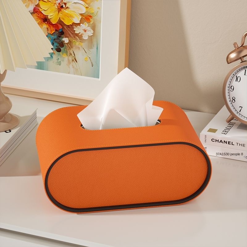 Faux Leather Tissue Holder Oval Desktop Organizer for Home Office Bedroom Bathroom Soft-Close Dispenser Gray Beige Orange