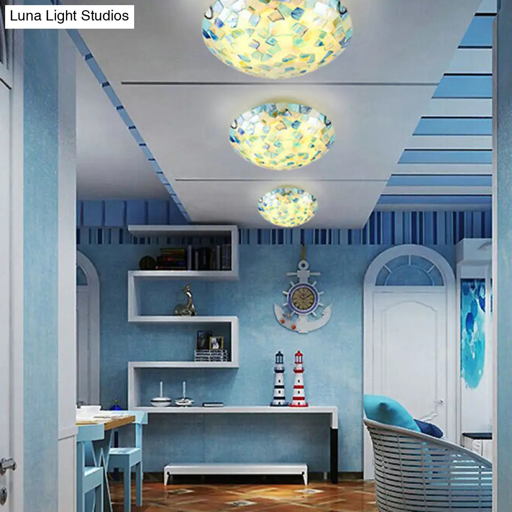 Coastal Ceiling Light with Handcrafted Mother-of-Pearl Inlay for Bedroom | Oceanfront Flush Mount Fixture in Stained Glass Aesthetic