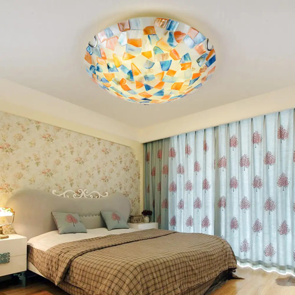 Coastal Ceiling Light with Handcrafted Mother-of-Pearl Inlay for Bedroom | Oceanfront Flush Mount Fixture in Stained Glass Aesthetic