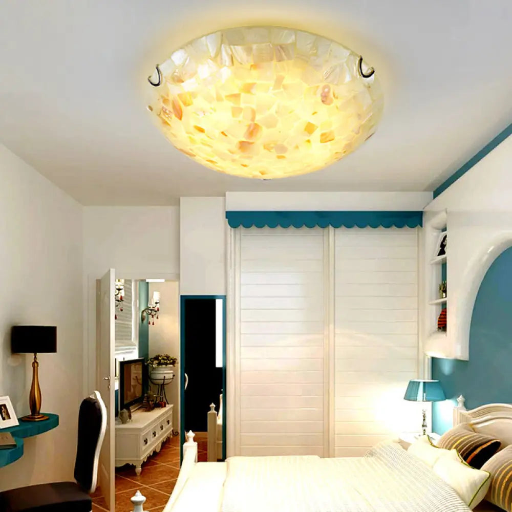 Coastal Ceiling Light with Handcrafted Mother-of-Pearl Inlay for Bedroom | Oceanfront Flush Mount Fixture in Stained Glass Aesthetic