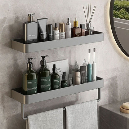Adhesive Shower Caddy Organizer Gray Aluminum Wall Mount Storage Rack with Towel Bar 12 Inch Floating Shelf for Bathroom Toiletries Soap Sha