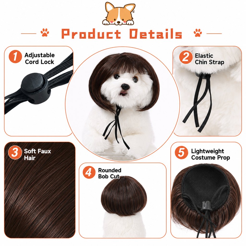 Ortekor Funny Short Bob Pet Wig for Photos & Parties - Easy Costume Prop for Cats & Small Dogs