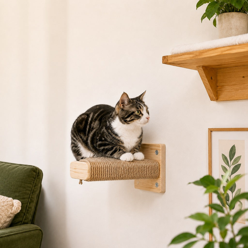 Ortekor Wall-Mounted Solid Wood Cat Steps for Shelves & Perches - Space-Saving Jute Climbing Ladder