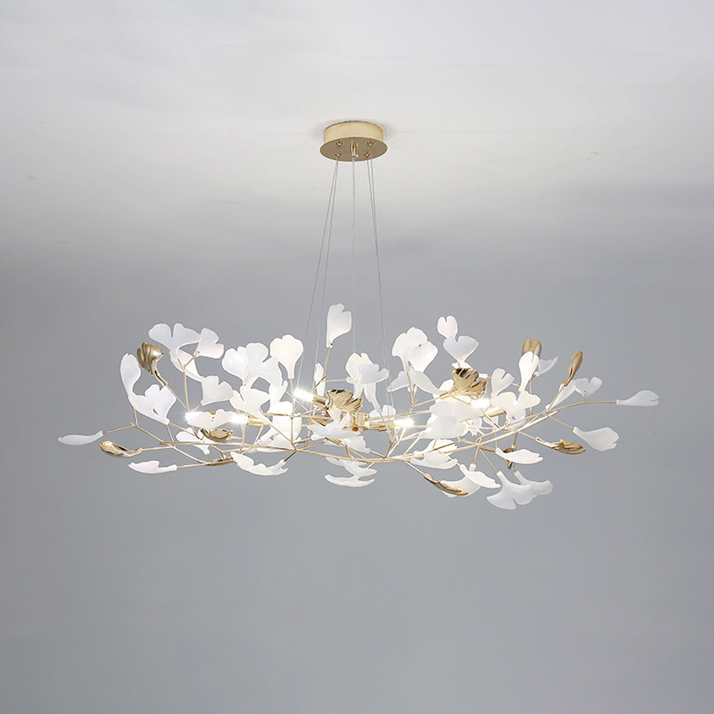 Ceramic Leaf Cluster Pendant Light with Adjustable Cord – Gold Metal Frame Multi-Bulb Chandelier for Dining Room, Living Room & Bedroom