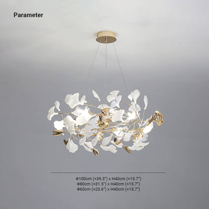 Ceramic Leaf Cluster Pendant Light with Adjustable Cord – Gold Metal Frame Multi-Bulb Chandelier for Dining Room, Living Room & Bedroom