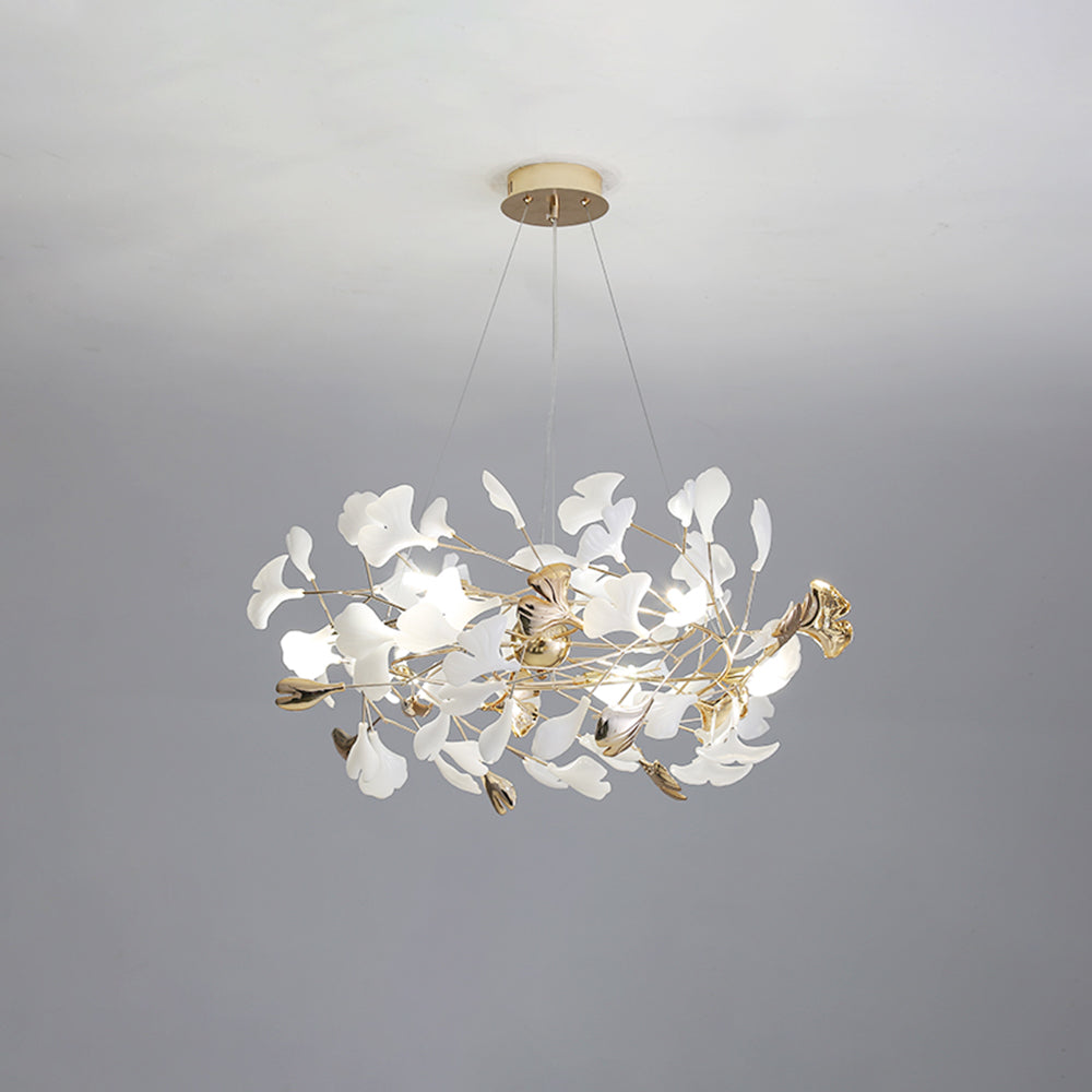 Ceramic Leaf Cluster Pendant Light with Adjustable Cord – Gold Metal Frame Multi-Bulb Chandelier for Dining Room, Living Room & Bedroom