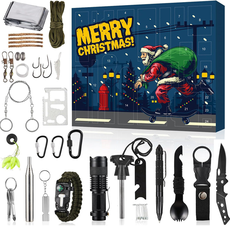 Outdoor Survival Gear Advent Calendar for Men – 24 Days of Adventure Tools for Camping Hiking Wilderness Exploration