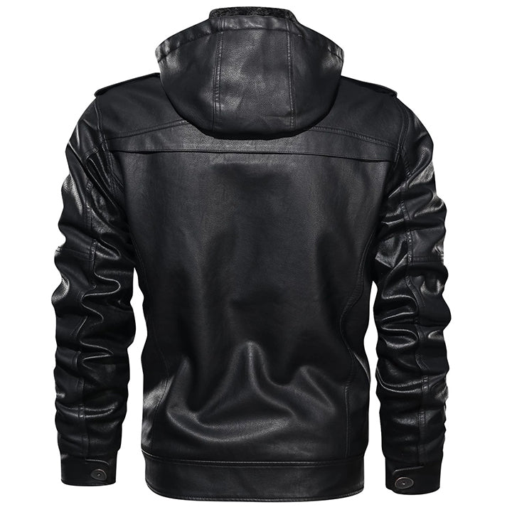 Men's Hooded Faux Leather Moto Jacket - Removable Hood, Water-Resistant PU Coat for Fall & Winter