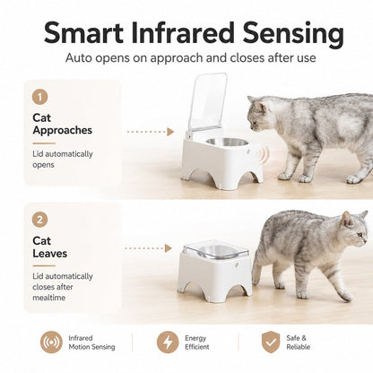 Ortekor Smart Auto-Opening Covered Cat Bowl for Cleaner Indoor Feeding - Rechargeable Dustproof Cat Feeder