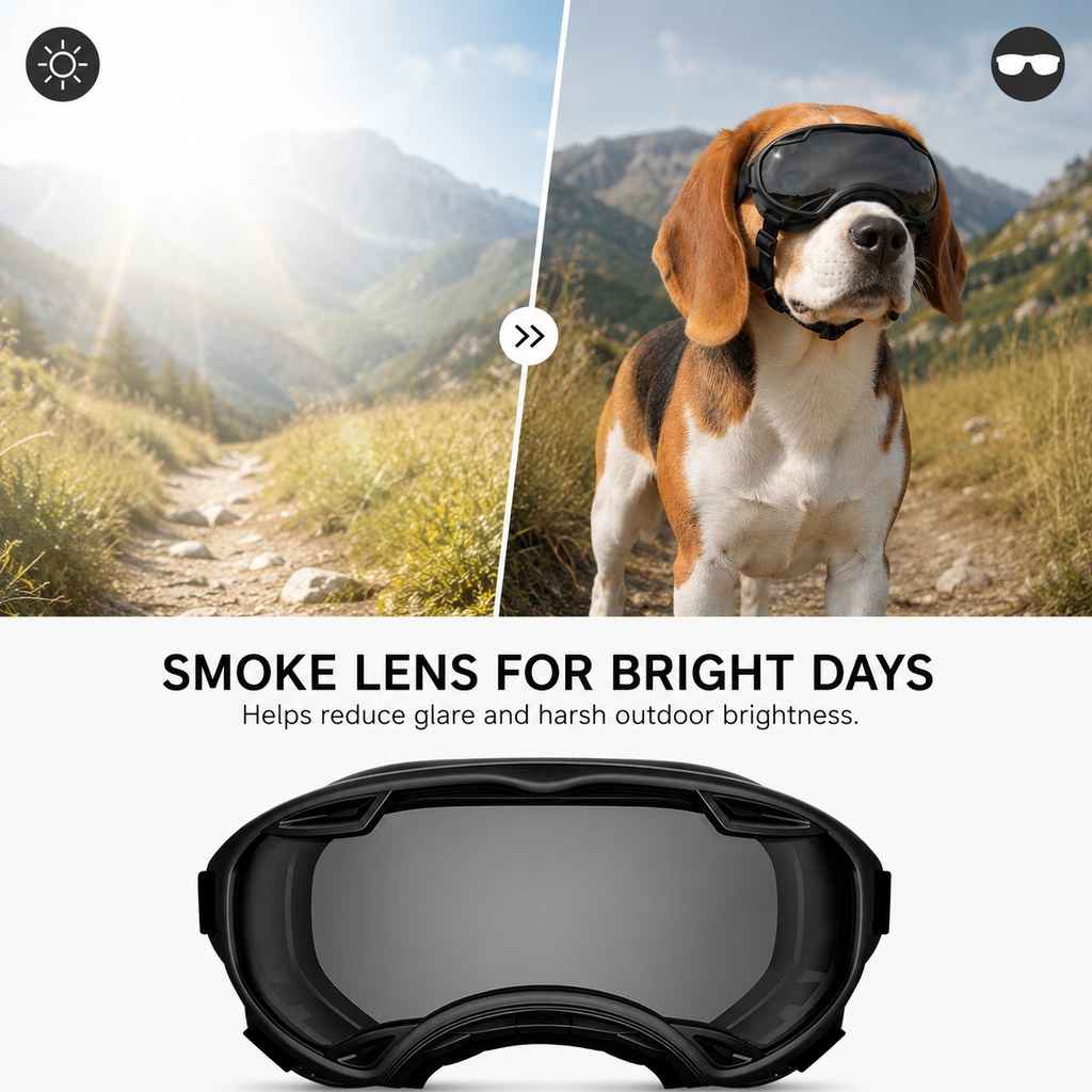 Ortekor Outdoor Dog Goggles for Hiking, Beach & Windy Rides - Smoke Lens Coverage for Dust, Sand & Debris