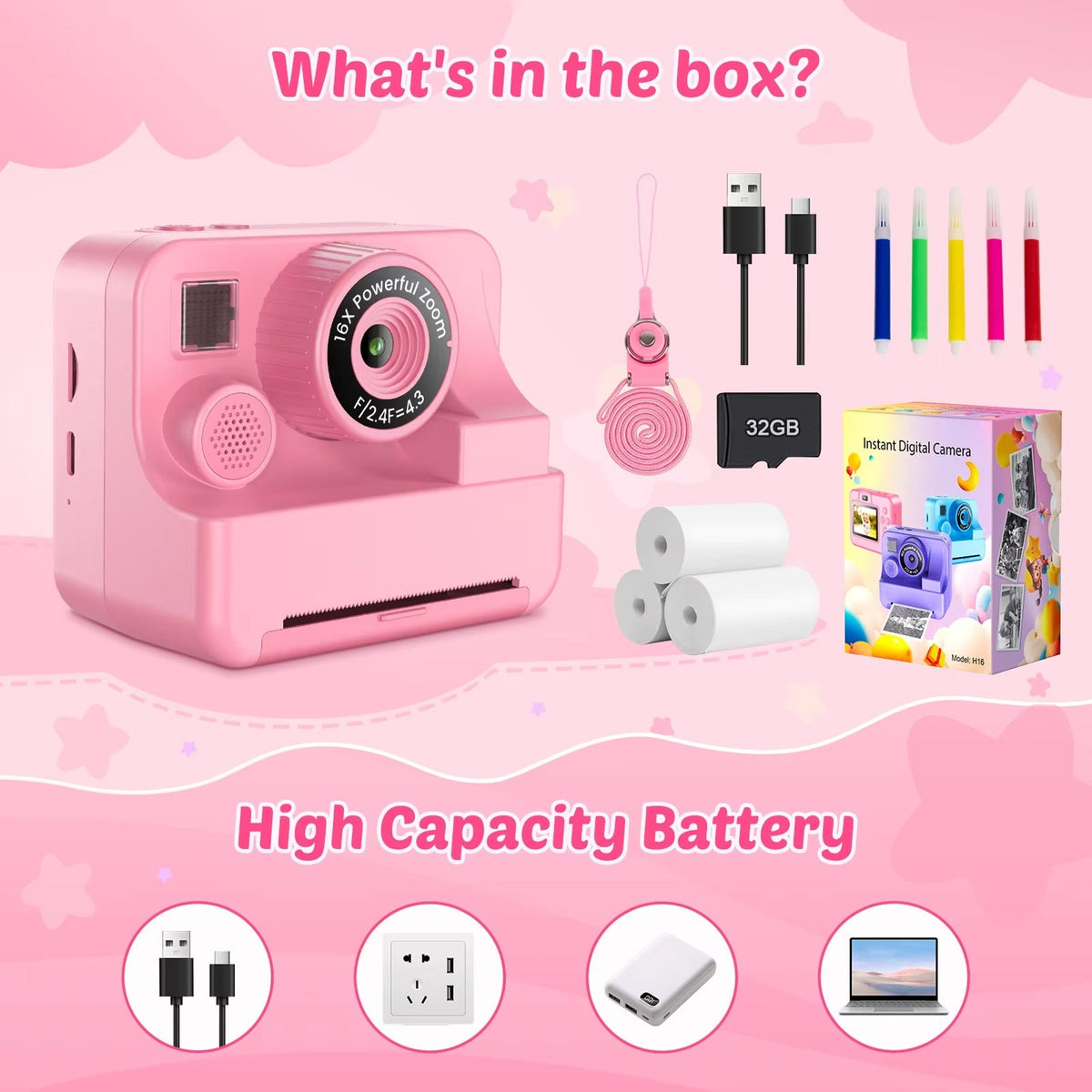 Kids Digital Camera with Instant Print – 1080P HD Photo & Video Recorder, 16x Zoom, Built-In Games, 32GB Memory & Coloring Pens for Ages