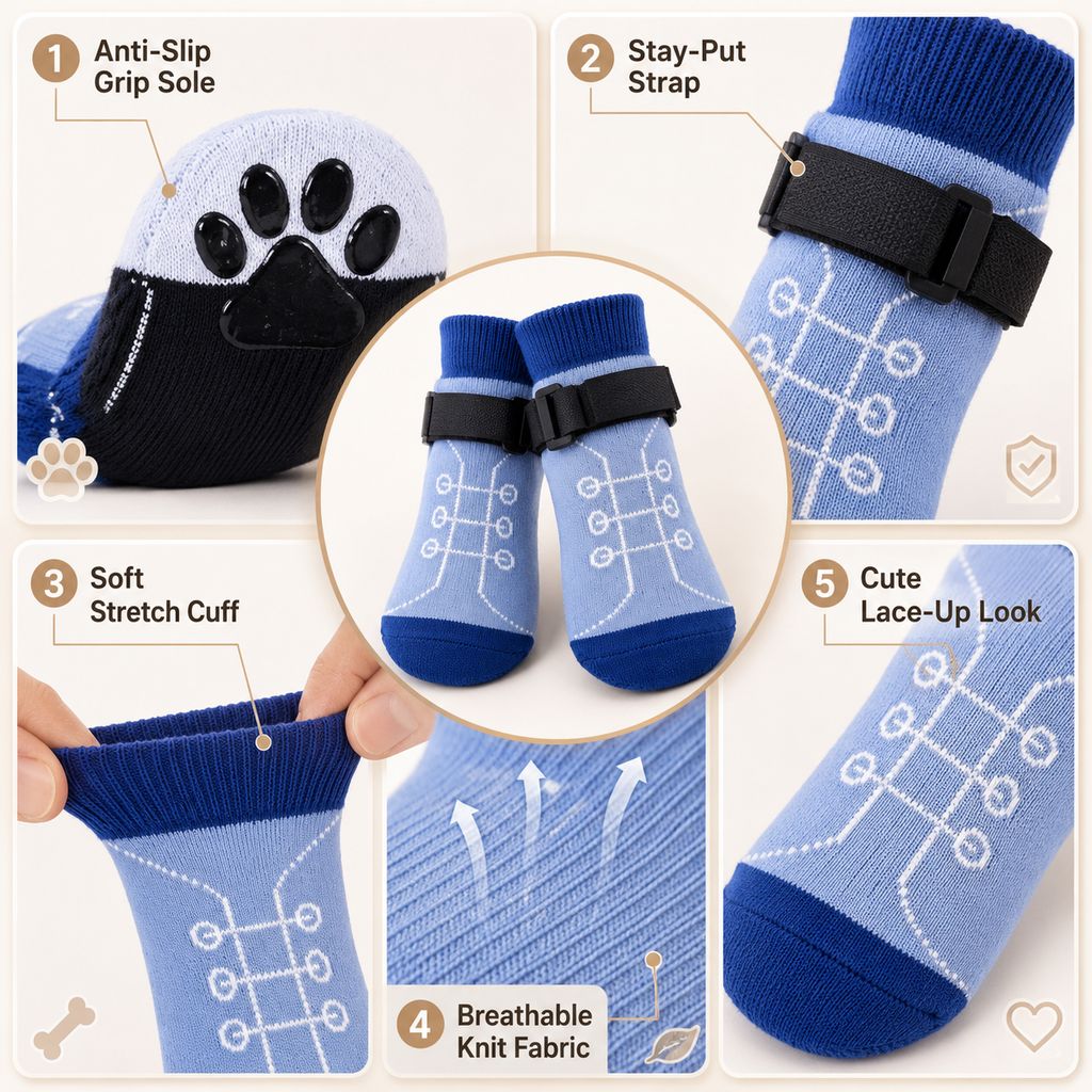 Ortekor French Bulldog Non-Slip Socks for Tile & Hardwood Floors - Helps Reduce Back-Leg Slipping, 4-Pack