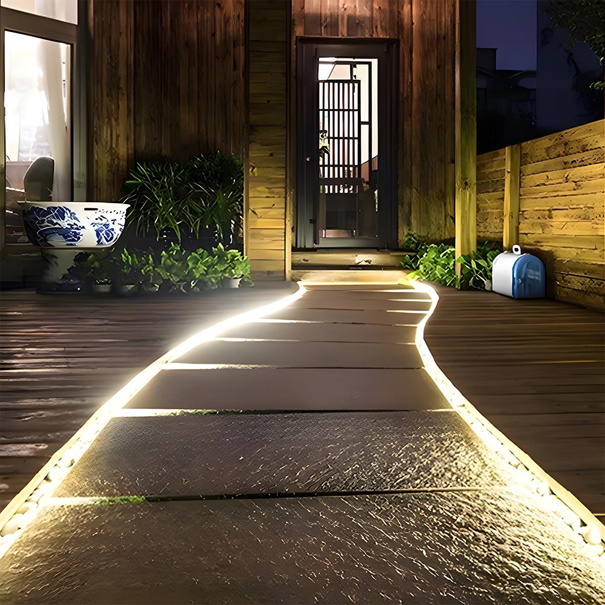 Solar-Powered Flexible Pathway Light Strip 16.4 ft Warm Glow Waterproof Deck Stair Accent Lighting for Patios Driveways Garden Borders Pergo