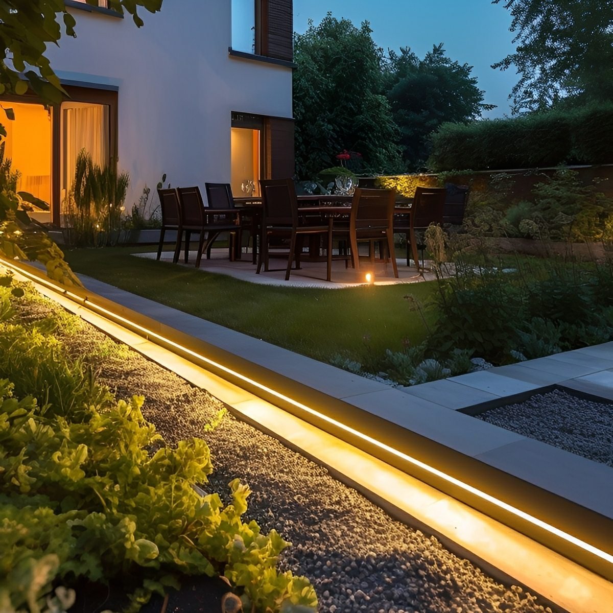 Solar-Powered Flexible Pathway Light Strip 16.4 ft Warm Glow Waterproof Deck Stair Accent Lighting for Patios Driveways Garden Borders Pergo